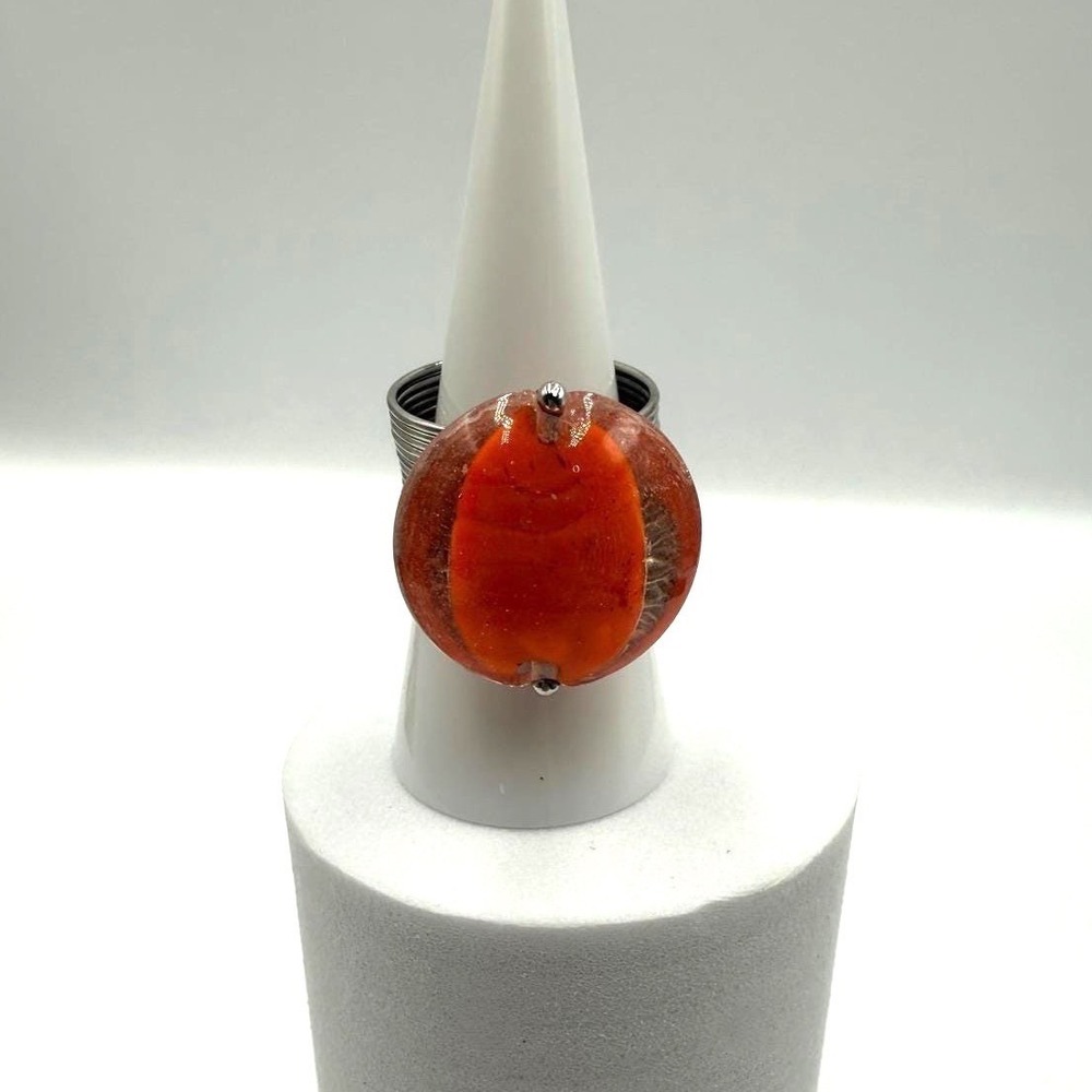 Orange Glass Cabochon Statement Ring Silver Tone Coiled Wire Band Size 9.5